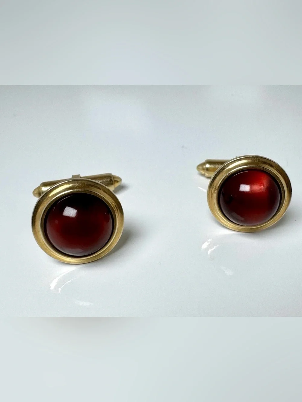 Krementz Gold Plated Red Cabochon Bullet Back Round Signed Men's Cufflinks #1543